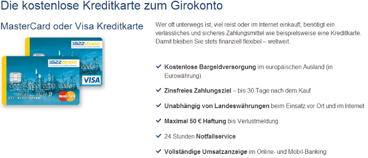 Auch eine kostenlose Kreditkarte gehört zum Girokonto von 1822direkt